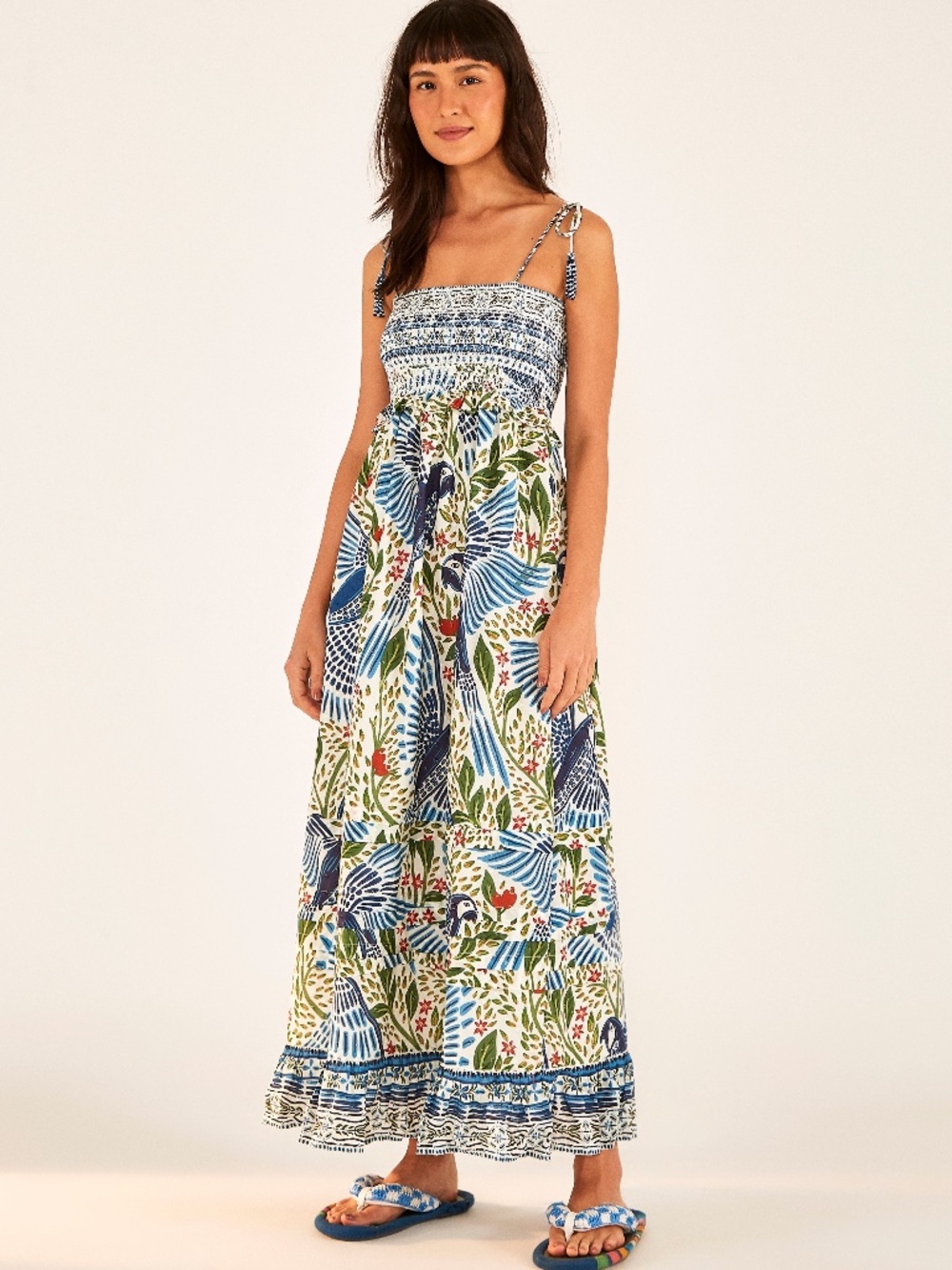 Farm Rio Off White Macaw Flight Smocked Maxi Dress